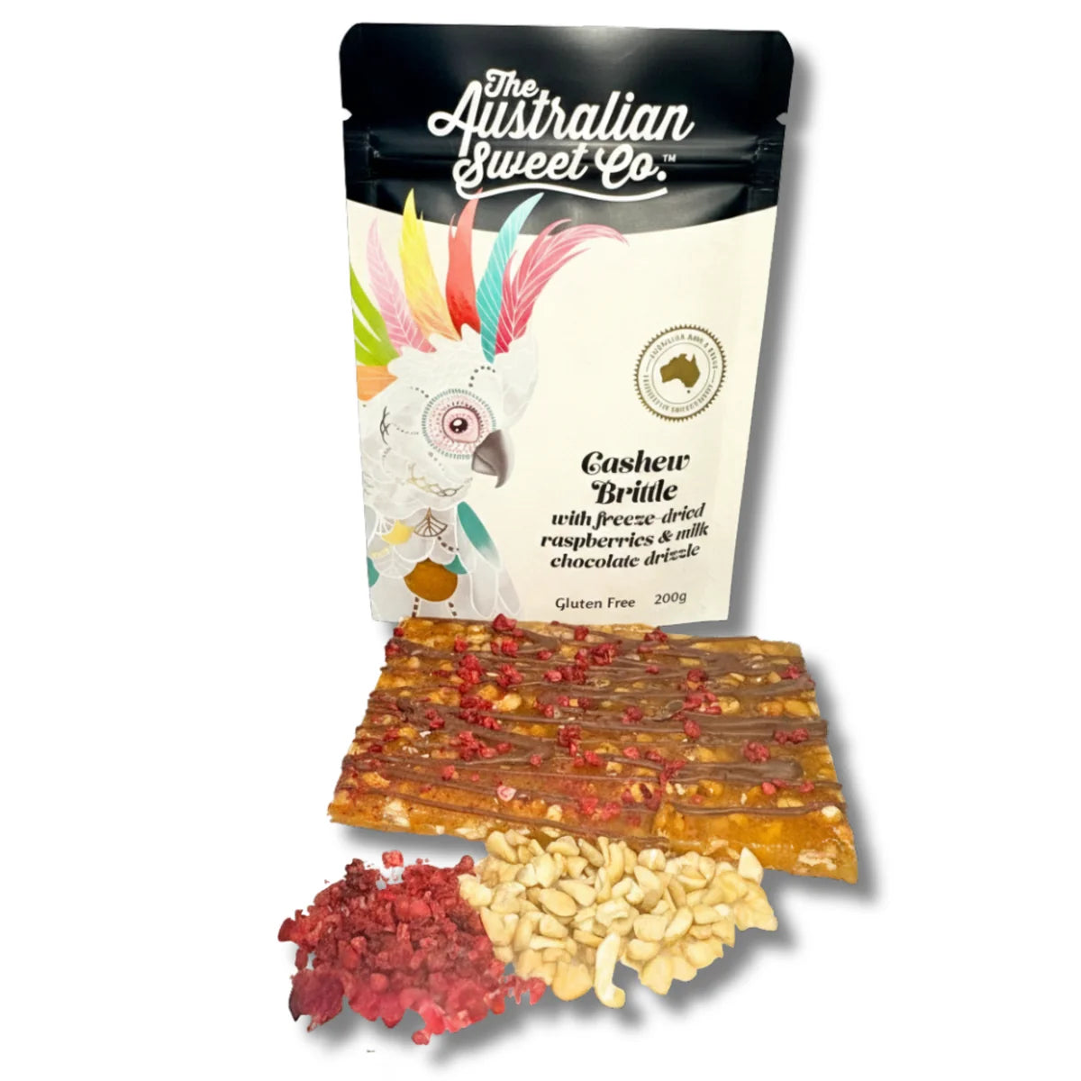 Cashew Brittle with freeze dried raspberries and milk chocolate 200g (Pre order arriving 16/9)